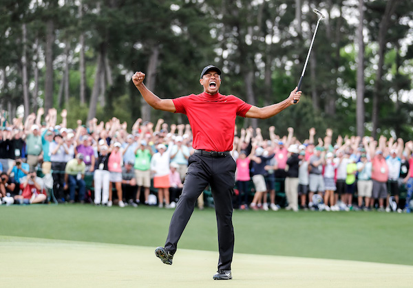 Tiger Woods celebrates winning the 2019 Masters during the final round of the Masters Tournament at Augusta National Golf Club, Sunday, April 14, 2019, in Augusta, Georgia. (Courtesy of The Augusta Chronicle)