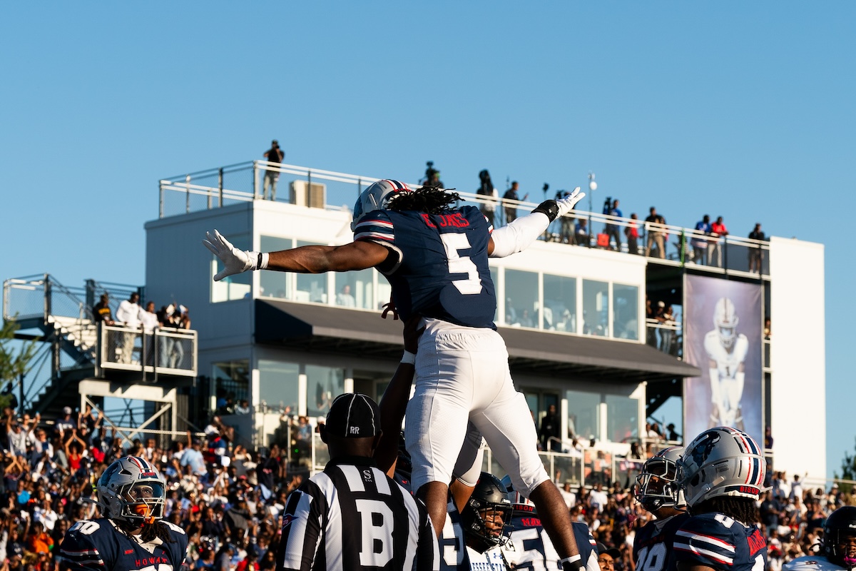 Howard junior running back Eden James celebrates a touchdown during the university’s homecoming game against Tennessee State University on Oct. 19. Tennessee State defeated Howard 27-14. (Marcus Relacion/The Washington Informer)