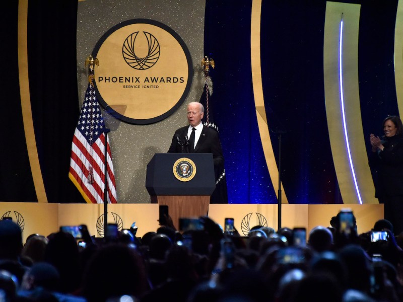 President Joe Biden greets the crowd with Vice President Kamala Harris cheering him on at the 2023 Phoenix Awards at the Walter E. Washington Convention Center in D.C. on Sept. 23. The event was part of the Congressional Black Caucus Foundation’s Annual Legislative Conference. (Robert R. Roberts/The Washington Informer)