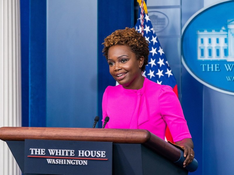 **FILE** White House principal deputy press secretary Karine Jean-Pierre holds a press briefing on July 29, 2021, in the James S. Brady Press Briefing Room of the White House. (Official White House Photo by Cameron Smith)