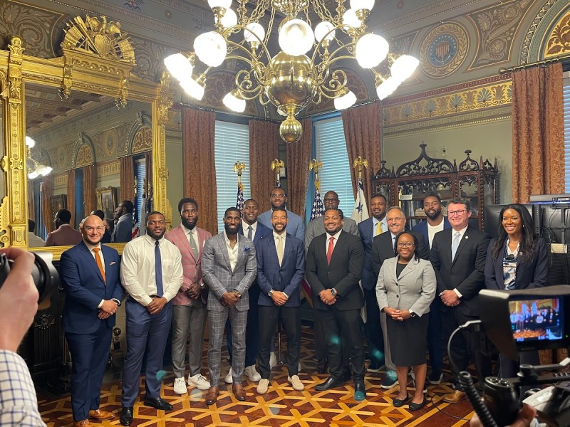 Professional athletes meet with Greg Jackson of White House Office of Gun Violence Prevention to discuss solutions for the gun violence epidemic. (Ashleigh Fields/The Washington Informer)