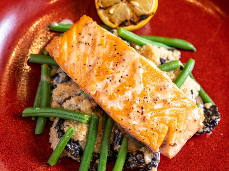 Makers Union serves a Hickory House Smoked Salmon over creamy mushroom quinoa, green beans, and mustard vinaigrette. (Courtesy of Makers Union)