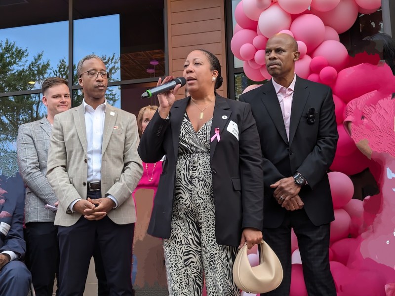 Alex Brown, area director of operations for Thompson Restaurants, D.C. Councilmember At-Large Kenyan R. McDuffie, Aisha Bond, president and CEO of the Black Chamber of Commerce, and Warren Thompson, president and CEO of Thompson Hospitality at Hen Quarter Prime. The restaurant is going pink for a month-long observance of Breast Cancer Awareness Month. A portion of Hen Quarter’s sales goes to the Thelma D. Jones Breast Cancer Fund. (Brenda C. Siler/The Washington Informer)