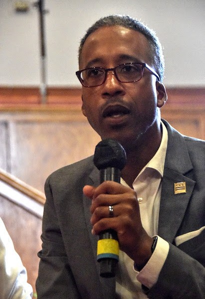 Ward 5 Council member Kenyan McDuffie, now seeking one of the at-large council seats, talks public safety during a candidates forum held Sept. 7 at Matthews Memorial Baptist Church in southeast D.C. (Robert R. Roberts/The Washington Informer)