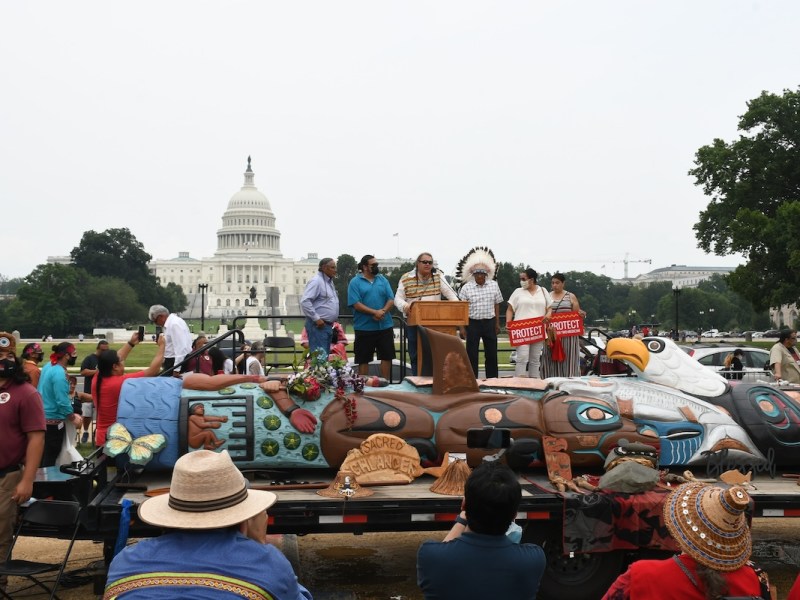 **FILE** Native American leaders at a Totem Pole rally on the National Mall in 2021, urging President Joe Biden to protect sacred Indigenous sites. While Indigenous Peoples’ Day honors the rich and resilient history of Native Americans, D.C education leaders have expanded curriculum about Indigenous communities, cultures and their contributions. (Roy Lewis/The Washington Informer)