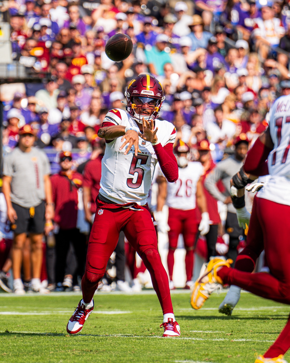 Washington Commanders quarterback Jayden Daniels attempts a pass during the Commanders' 30-23 loss to the Baltimore Ravens at M&T Bank Stadium in Baltimore on Oct. 13. (Abdullah Konte/The Washington Informer)