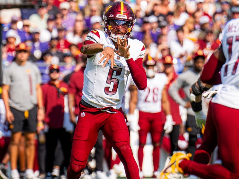 Washington Commanders quarterback Jayden Daniels attempts a pass during the Commanders' 30-23 loss to the Baltimore Ravens at M&T Bank Stadium in Baltimore on Oct. 13. (Abdullah Konte/The Washington Informer)