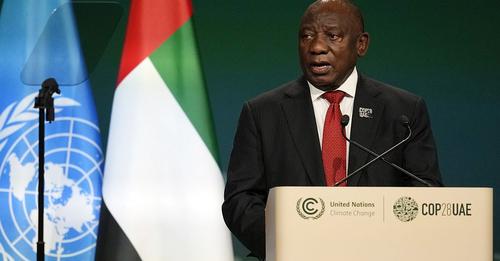 South Africa President Cyril Ramaphosa speaks during a plenary session at the COP28 U.N. Climate Summit in Dubai, United Arab Emirates, on Dec. 1, 2023. (Courtesy photo)