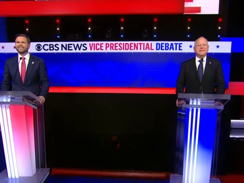 Sen. JD Vance of Ohio (left), the Republican vice presidential nominee, and his Democratic counterpart, Minnesota Gov. Tim Walz, participate in a vice presidential debate hosted by CBS News at the network's Broadcast Center in New York on Oct. 1.