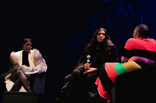 From left: Jenee Naylor, Law Roach and Symone Sanders Townsend participate in a panel at the “Law Roach: How to Build a Fashion Icon” event at Howard Theatre in Washington, D.C., on Oct. 7. (Rachelle Smith/The Washington Informer)