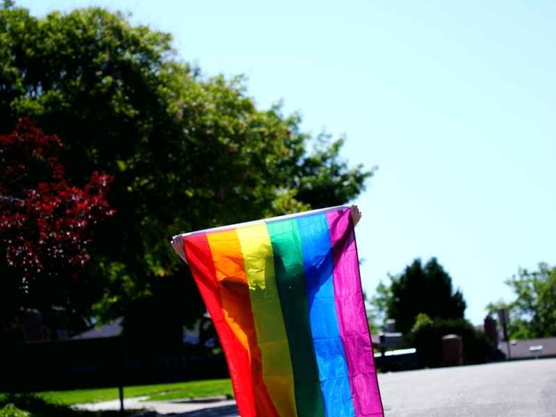 person walking while holding rainbow colored flag