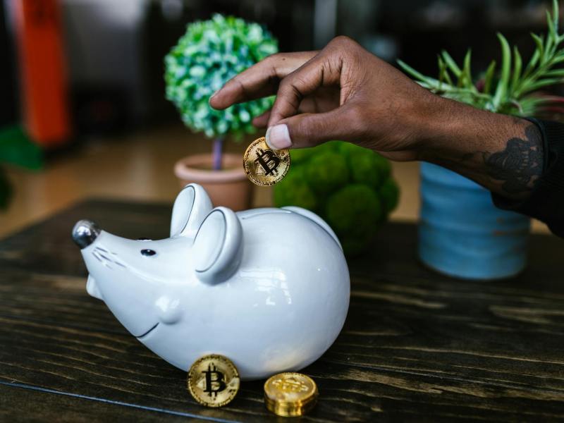 a person putting bitcoin in a piggy bank