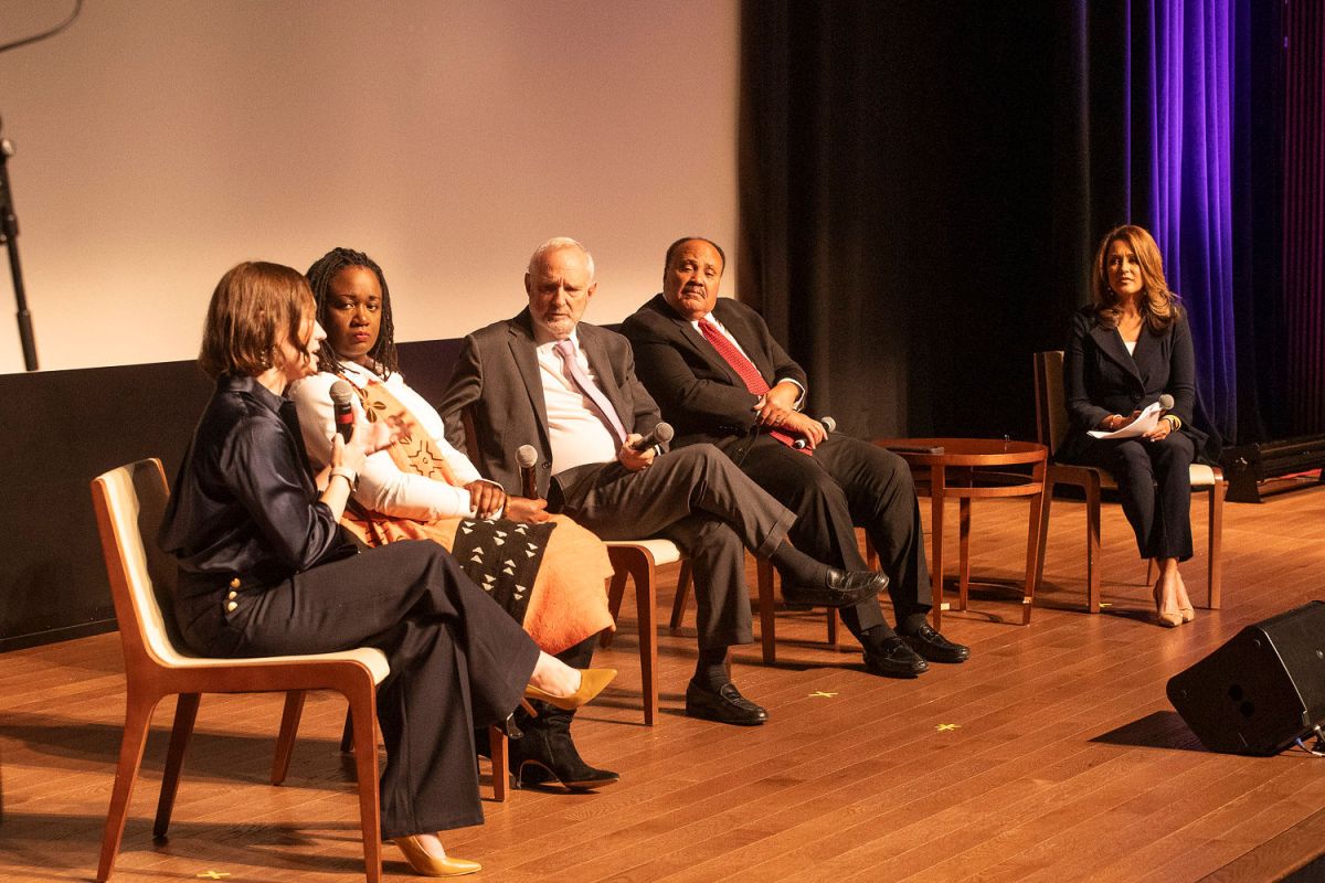 The panel discusses "Interfaith Collaboration, Then & Now." From left: Amy Spitalnick, CEO, Jewish Council for Public Affairs; Dr. Erika Gault, director of the Center for the Study of African American Religious Life, National Museum of African American History and Culture; Rabbi David Saperstein, ambassador, International Religious Freedom; Martin Luther King III, chairman, Drum Major Institute; and Lesli Foster, moderator, WUSA9 anchor (Photo courtesy of Skip Brown)