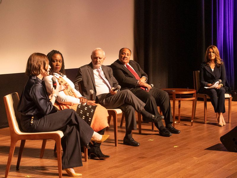 The panel discusses "Interfaith Collaboration, Then & Now." From left: Amy Spitalnick, CEO, Jewish Council for Public Affairs; Dr. Erika Gault, director of the Center for the Study of African American Religious Life, National Museum of African American History and Culture; Rabbi David Saperstein, ambassador, International Religious Freedom; Martin Luther King III, chairman, Drum Major Institute; and Lesli Foster, moderator, WUSA9 anchor (Photo courtesy of Skip Brown)