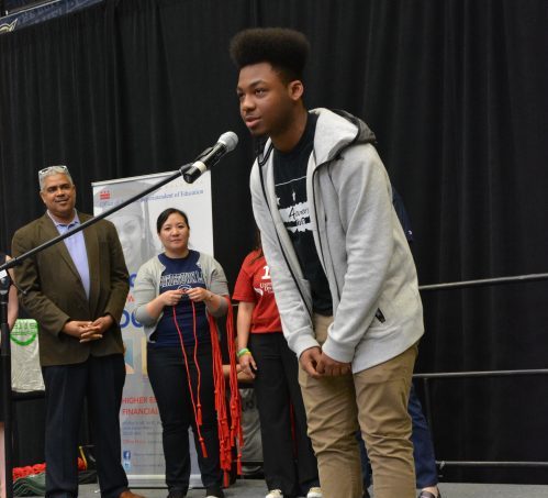 Over 200 high school seniors announce their college of choice at George Washington University's Smith Hall in Northwest on Friday, April 28, 2017. /Photo by Roy Lewis