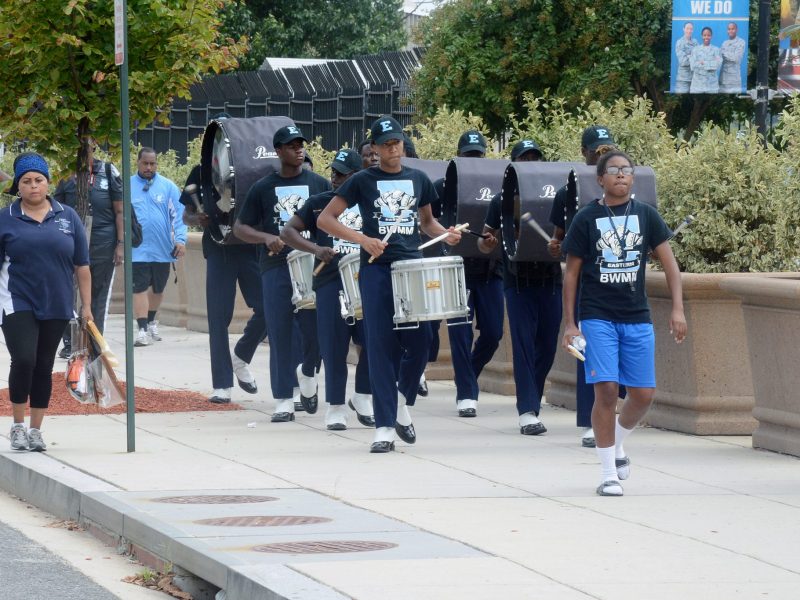 The Eastern High School marching band participates in a drum line competition at RFK Stadium in Northeast on Sept. 17 before the Nation's Football Classic between Howard and Hampton. / Photo by Roy Lewis