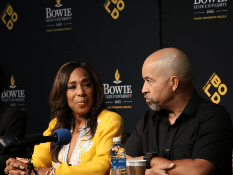 "A Different World" cast members Dawnn Lewis and Darryl Bell at Bowie State University on Oct. 17. The cast is touring historically Black colleges and universities across the country to encourage enrollment, raise scholarship funds and promote financial literacy. (Courtesy of Bowie State University via X)